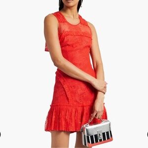 ALEXIS Open-Back Pleated Chantilly Lace Mini Dress in Coral Orange XS